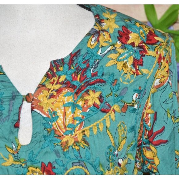 John Mark Tunic Blouse Womens M Floral Embroidery Artsy Boho Roll Tab Sleeves - Picture 4 of 14